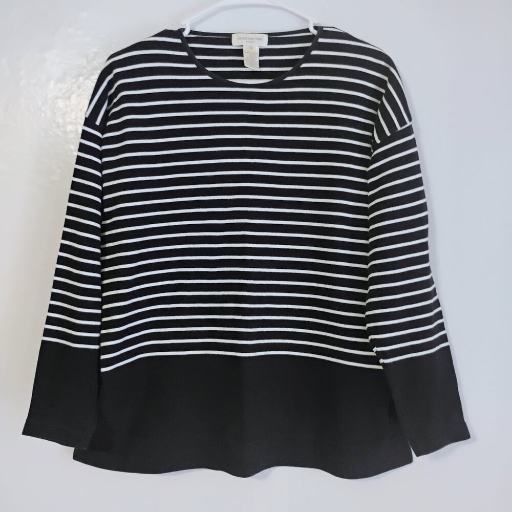 Jones New York Sport Black White Striped Long Sleeve Top Size M